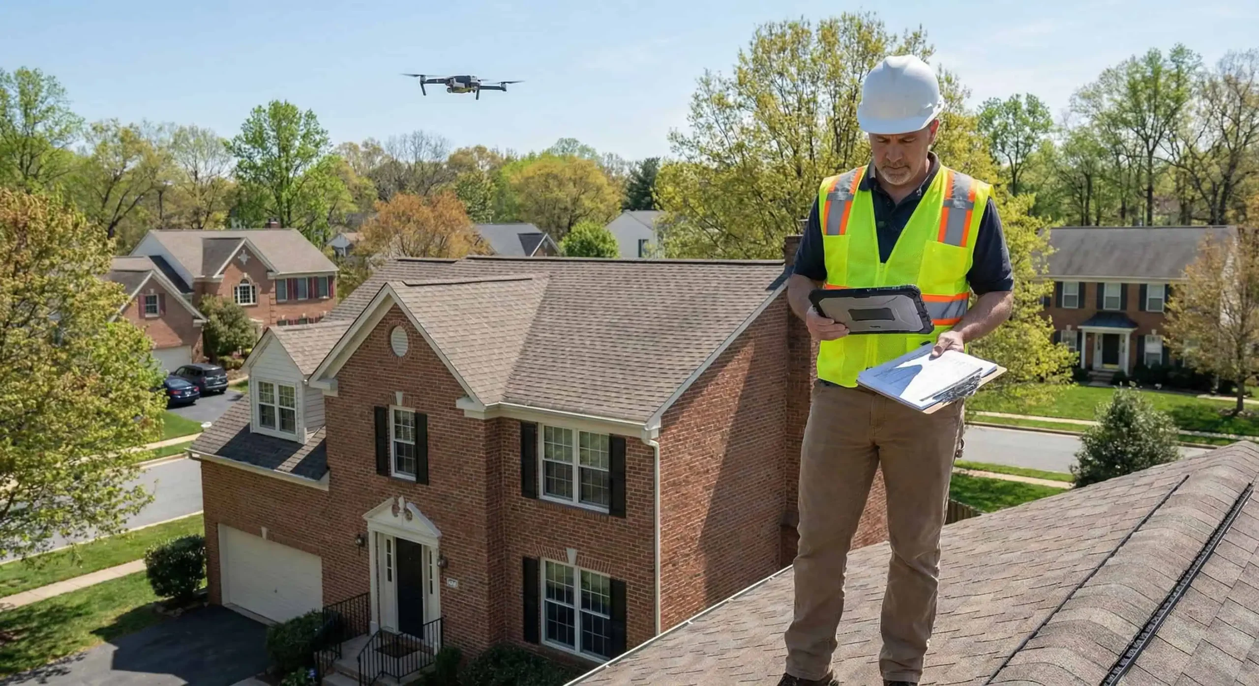 Professional inspector conducting roof inspection with drone aerial survey of brick residential home.